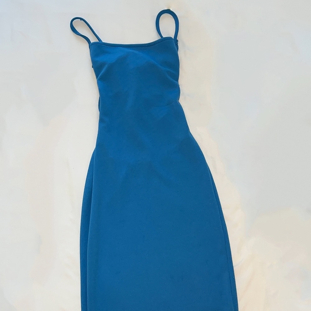 Blue midi summer dress with open tie back detailing